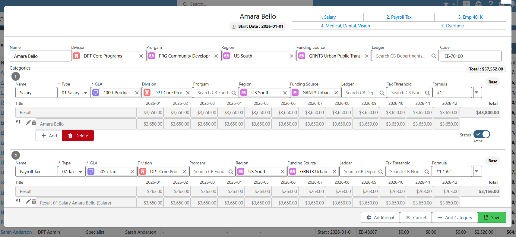 CloudBudget employee compensation calculation with salary and payroll-tax categories, January through December results, formula fields and planning dimensions.